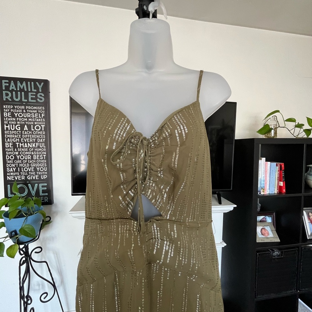 Olive Green Strappy dress with Metallic Stripes
